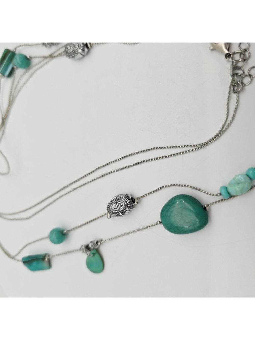 Multi-Strand Silver Necklace With Turquoise Beads & Shell Accents Lobster Clasp - Picture 4 of 7